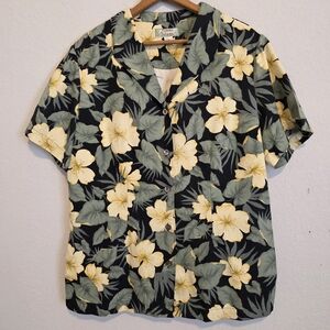 Vtg Tommy Bahama Hawaiian Shirt 100% Silk Camp Aloha Black Yellow Floral SZ LG